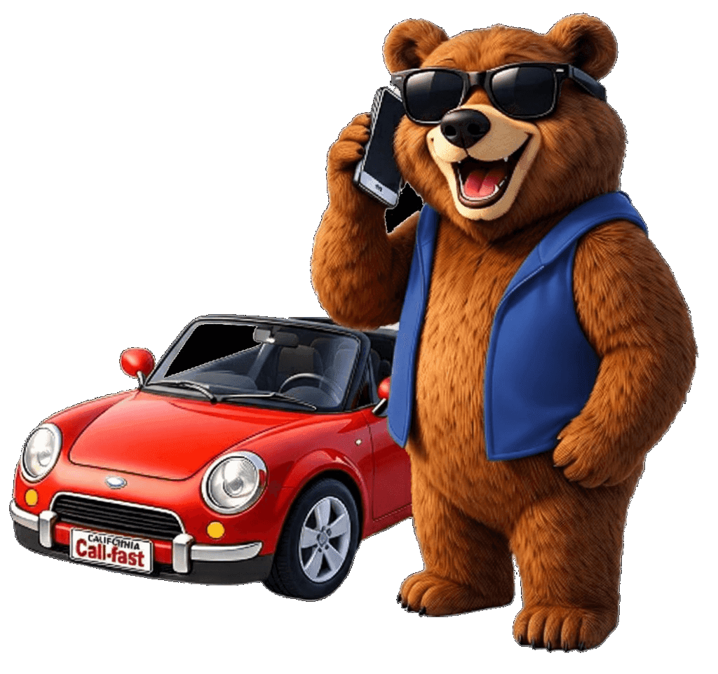 Cali-Fast mascot on the phone beside a car — talk to a licensed agent